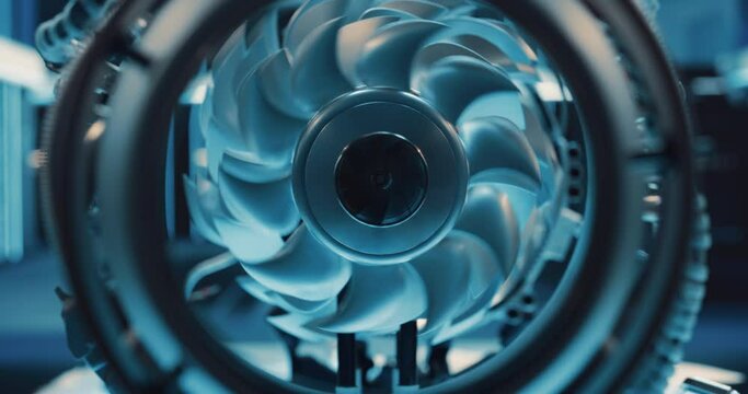 Close Up of a Rotating Fan Working Inside a High Tech Prototype Turbine Engine. Advanced Jet Engine Research and Development in a Factory Facility with Modern Equipment