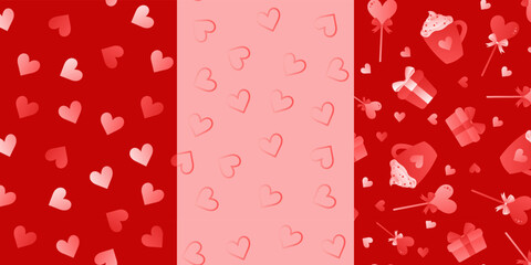 Set of patterns in red white and pink colors. Three vector patterns put on Valentine&rsquo;s Day. Backgrounds on February 14.