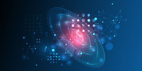 Template for science and technology presentation. Wireframe waves. Plexus style background.