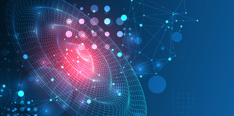 Template for science and technology presentation. Wireframe waves. Plexus style background.