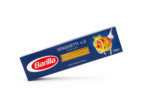 ROME, ITALY - JANUARY 20, 2023. Barilla spaghetti packet isolated on white background. Barilla S.p.A. is an Italian food company.