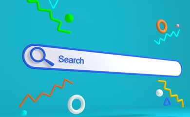 Minimal abstract background for online and shopping concept. Blank web browse search bar on blue background. 3d rendering. Clipping path of each element included.
