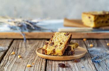 Pan di sorc or corn bread is traditional Italian dish of Friuli region on wooden background in rustic style