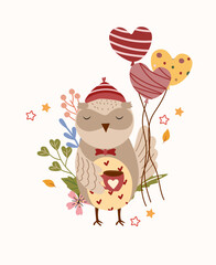 A beautiful composition with a sleepy owl holding a cup and balloons. Bright illustrations for thank you cards, birthdays, posters, banners, etc. Vector.