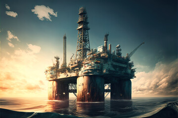 Installation for oil production at sunset. AI