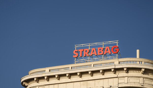 The logo sign of Strabag infrastructure road constructioncompany on top of a building from Bucharest, Romania, during a sunny day, 2023.
