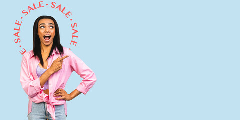 Big sale! Surprised shocked amazed young african american woman stands in big shopping mall, glad to see big discounts on clothes, expresses shock, vector illustration collage.