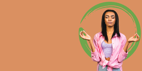 Meditation vector collage illustration. Beautiful young african american woman stands in meditative pose, enjoys peaceful atmosphere, holds hands in praying gesture, isolated over beige background.