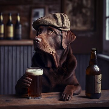 A dog with hat drinking beer in bar