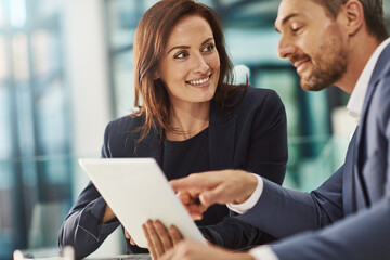 Training, coaching and business people with tablet in office workplace. Collaboration, mentor and...