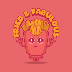 French fries character happy and meditating vector illustration. Food, funny, slogan design concept.