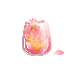 Cocktail with rose and lemon.Refreshing drink, lemonade, rose water with rose petals and a slice of lemon.Vector illustration.
