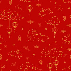 Naklejka premium Rabbits character seamless pattern with asian elements on red background for decorative chinese new year 2023 and mid autumn festival