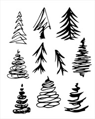 Obraz premium A set of coniferous trees hand-drawn. Spruce, pine. Vector hand-drawn doodles. Template design, clipart, logo, icon, sketch.