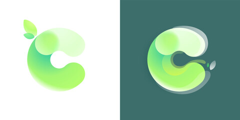 Letter C eco logo with green gradient and leaf in Glassmorphism style.