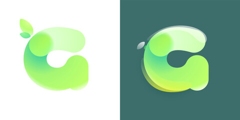 Letter G eco logo with green gradient and leaf in Glassmorphism style.