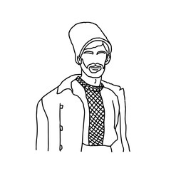 Vector illustration of Ukrainian hutsul man wearing traditional folk costume. Line cossack drawing