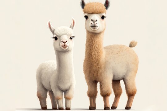 Set of cute lama characters illustration on white background. Alpaca illustration. Wildlife of Peru, south america. Generative AI.