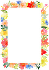 Watercolor floral frame. Spring and summer flowers. Bright floral invitation, greeting or decoration. Postcard design. Isolated object on a white background.