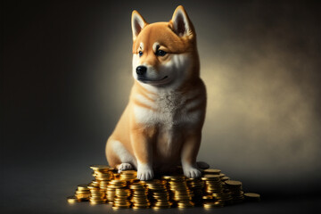 Shiba Inu sitting on top of a stockpile of gold coins, generative ai 