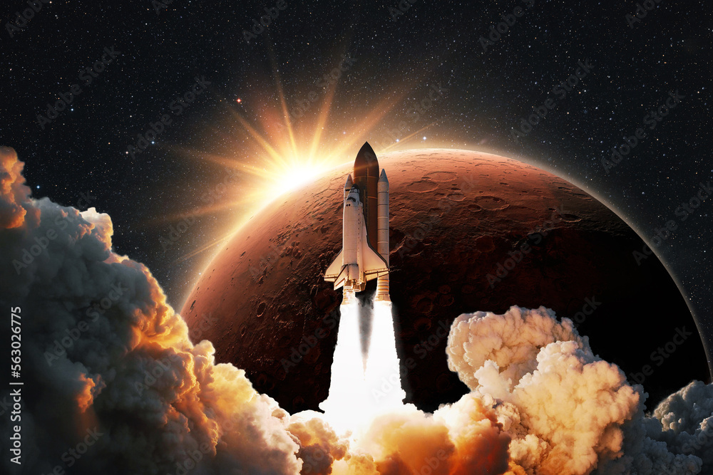 Poster Successful launch of new space shuttle rocket with blast and smoke into space with red planet mars at sunset. Amazing spaceship with astronauts takes off to Mars in starry sky