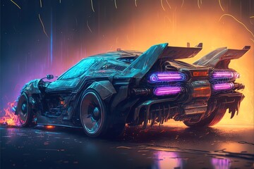 Obraz na płótnie Canvas Futuristic modern cyberpunk car. Neon background. AI