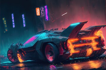 Futuristic modern cyberpunk car. Neon background. AI
