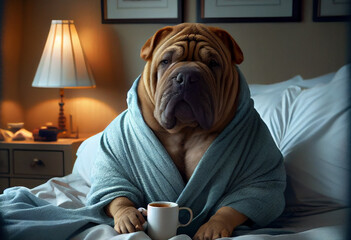 Portrait von einem schlechtgelaunten Hund mit Bademantel und einer Tasse Kaffee am Morgen. Typischer Morgenmuffel - Generative Ai
