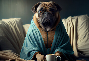 
Portrait von einem schlechtgelaunten Hund mit Bademantel und einer Tasse Kaffee am Morgen. Typischer Morgenmuffel - Generative Ai