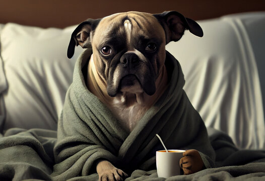 
Portrait von einem schlechtgelaunten Hund mit Bademantel und einer Tasse Kaffee am Morgen. Typischer Morgenmuffel - Generative Ai
