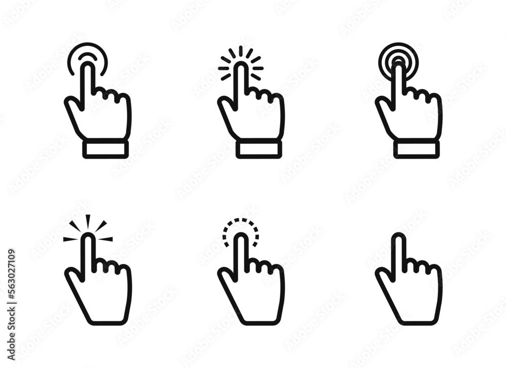 Poster set of hand pointer icon. clicking hand poiner. computer mouse click cursor. clicking finger. click 