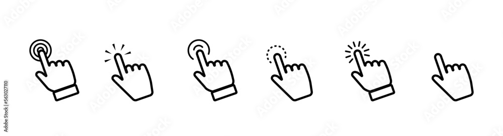 Poster set of hand pointer icon. clicking hand poiner. computer mouse click cursor. clicking finger. click 