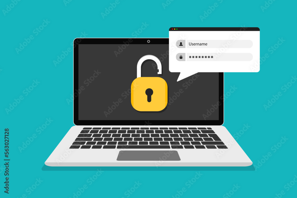 Aufkleber login form on laptop screen. authentication on laptop. сomputer with login and password form page on