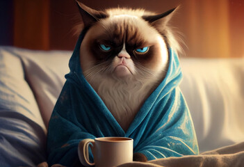 Portrait von einer schlechtgelaunten Katze mit Bademantel und einer Tasse Kaffee am Morgen. Typischer Morgenmuffel - Generative Ai - obrazy, fototapety, plakaty