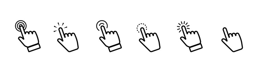 Set of hand pointer icon. Clicking hand poiner. Computer mouse click cursor. Clicking finger. Click cursor collection. Hand pointer icon. Touch icon. Vector