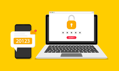 Two steps authentication concept with laptop and smartphone. Verification code by phone. Notification with a security code for secure login or sign in. Vector