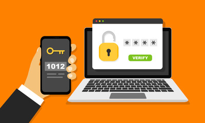 Two steps authentication concept with laptop and smartphone. Verification code by phone. Notification with a security code for secure login or sign in. Vector
