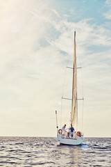 Couple, retirement or luxury sailing yacht on ocean, sea or water vacation holiday, hobby break or...