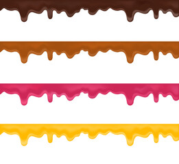 Dripping delicious melted sauce. Flowing chocolate, caramel, honey and jam. For use for any design. Vector