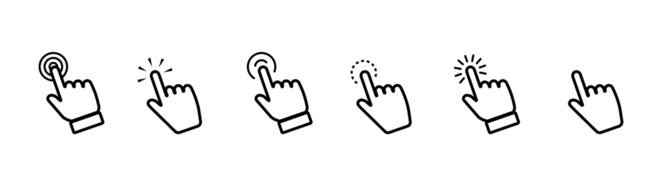 Set of hand pointer icon. Clicking hand poiner. Computer mouse click cursor. Clicking finger. Click cursor collection. Hand pointer icon. Touch icon. Vector