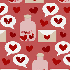 Valentine's day seamless vector pattern, hearts, love chat, conversation, love potion bottle, love letter, broken heart, for print, textile, background, icon, design, illustration, pink, red