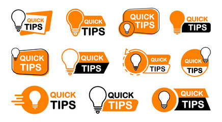 Quick tips icon set. Quick tips logo with light bulb. Helpful and top tips badges. Vector