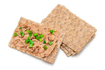 Crispy Sandwich with Chicken Pate and Green Onions Isolated on White Background - Top View. Whole Grain Bread with Liver Pate. Diet Breakfast and Healthy Food