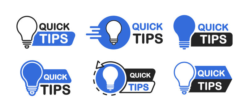 Quick tips icon set. Quick tips logo with light bulb. Helpful and top tips badges. Vector