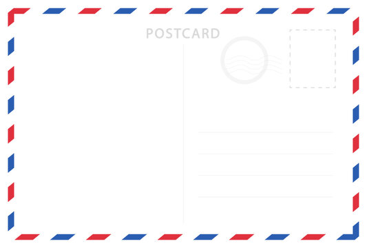 Vintage postcard vector template. Blank travel postcard. Post card frame. Retro mail envelope with stamp.