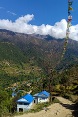 Khumbu valley village mountains landscape - trekking in the Himalaya, Nepal. Himalaya landscape and mountain views.
