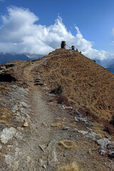 Narrow path at Khumbu valley - narrow paths with steps lead to theEverest Base camp the Himalaya, Nepal.