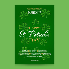 Happy St. Patricks Day party design template. Congratulatory background for flyer, poster, banner, holiday invitation. Green shamrocks, celebration text. Green background. Vector illustration.