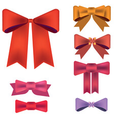 Realistic bow set. Red pink, purple, orange silk ribbons with bows festive decor satin rose, luxury elements for holiday packaging and design, elegant gift tape 3d vector decor set on white background