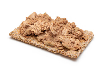 Crispy Sandwich with Chicken Pate Isolated on White Background. Whole Grain Bread with Liver Pate. Diet Breakfast and Healthy Food